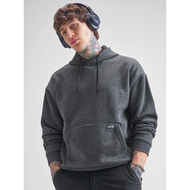 HIGHLANDER Grey Solid Oversized Fit Hoodie (S)