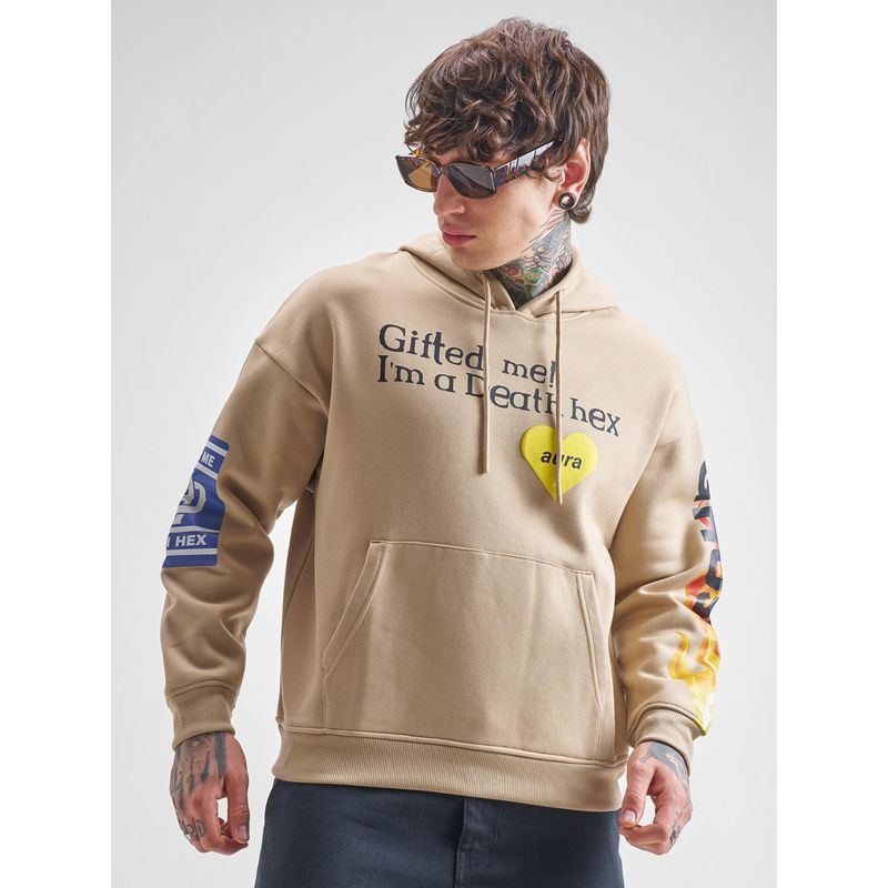 HIGHLANDER Cream Typography Oversized Fit Hoodie (L)