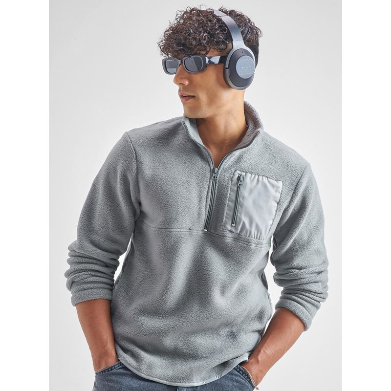 HIGHLANDER Men Grey Regular Fit High Neck Half Zip Sweatshirt (XL)