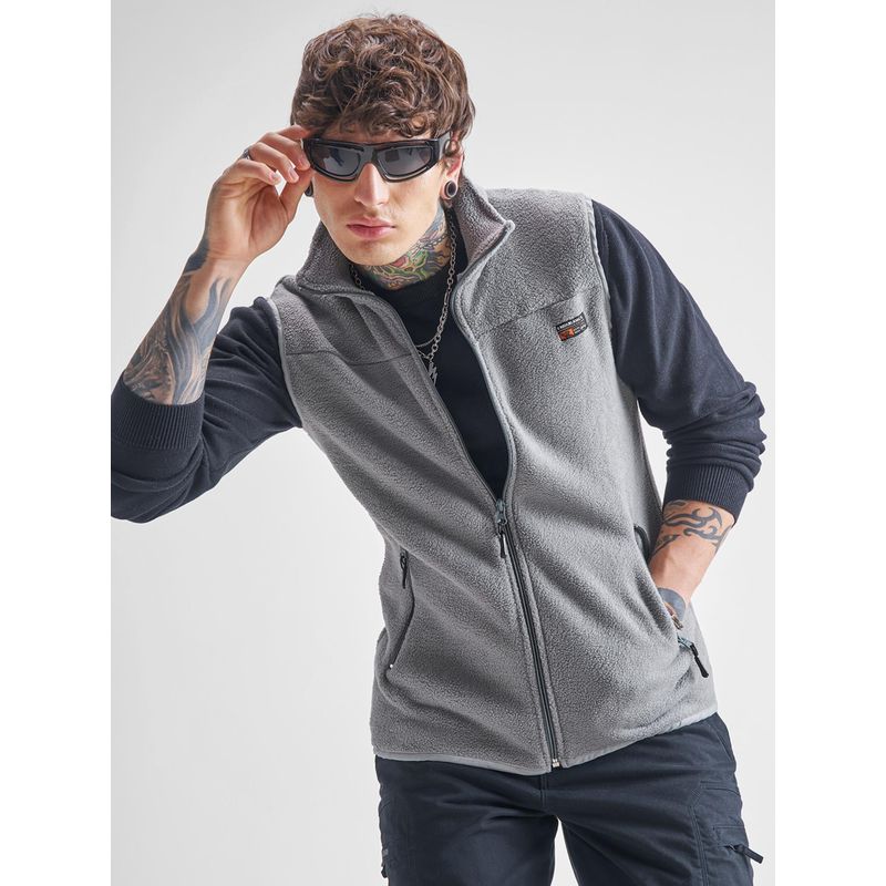 HIGHLANDER Men Grey Regular Fit High Neck Full Zip Sweatshirt (M)