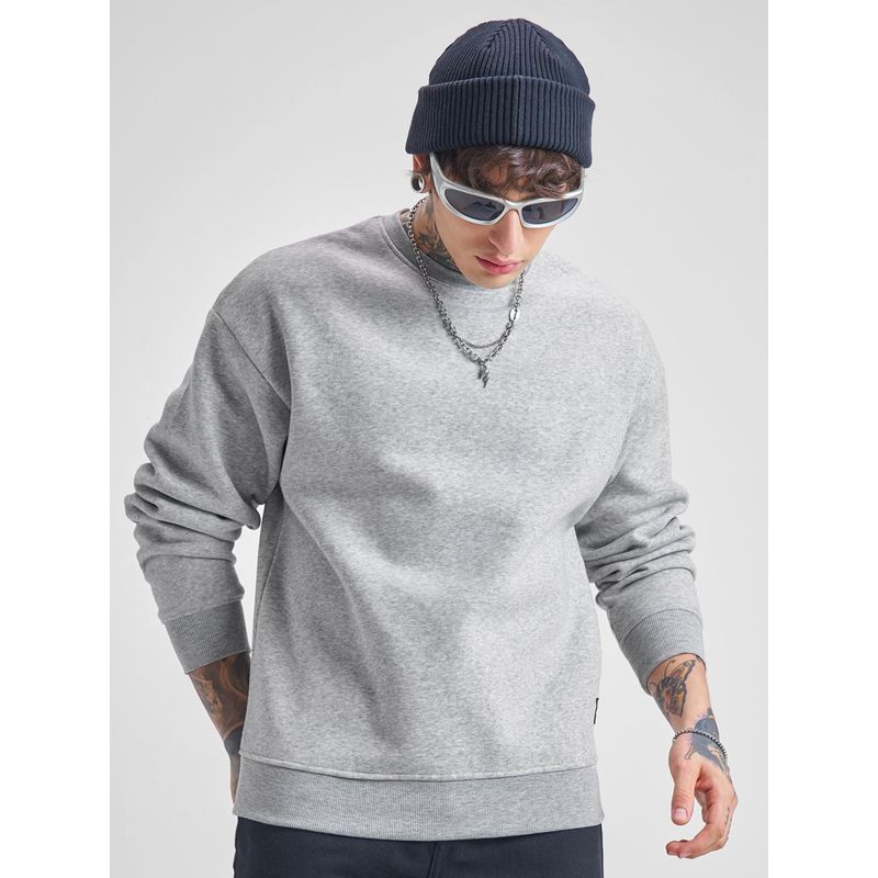 HIGHLANDER Men Mid Grey Melange Over Sized Drop Shoulder Round Neck Sweatshirt (XL)