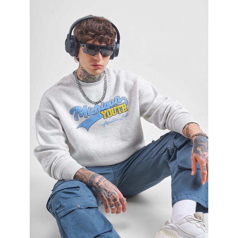 HIGHLANDER Men Grey Over Sized Drop Shoulder Round Neck Sweatshirt (M)