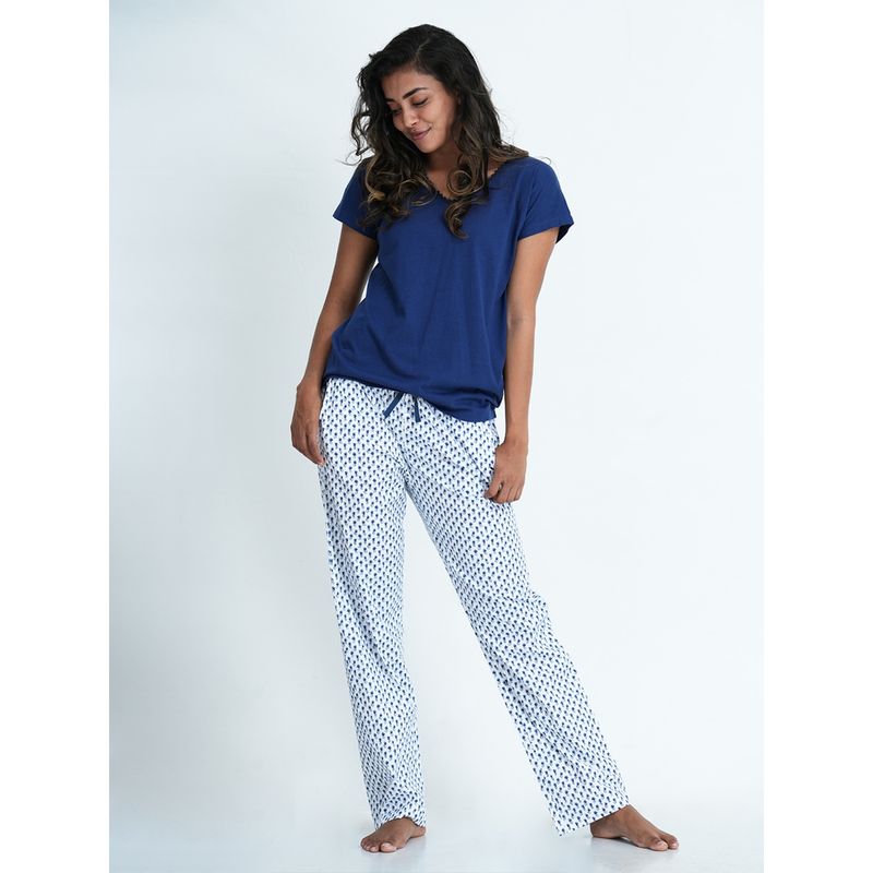 Mackly Womens Printed Tshirt & Pyjama Set-Navy Blue (XS)