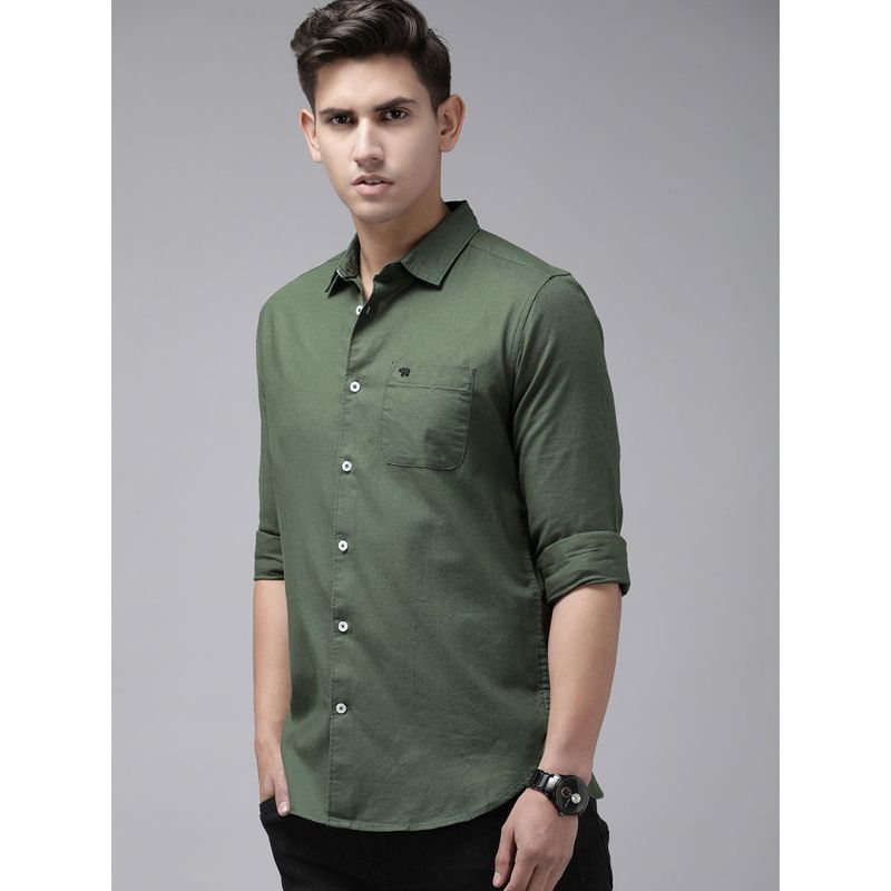 The Bear House Men Green Slim Fit Solid Cotton Casual Shirt (L)
