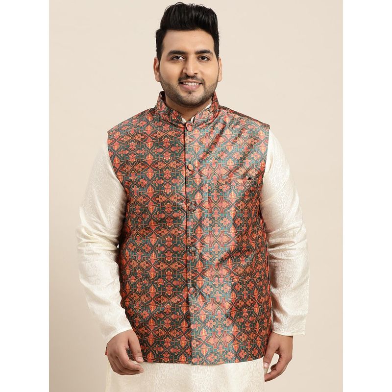 SOJANYA Men Silk Blend Dark Green Printed Nehru Jacket (3XL)