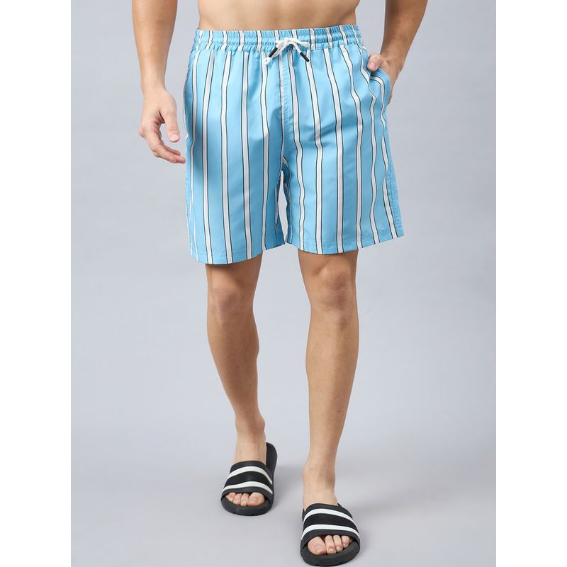 Style Quotient Men Light Blue Stripe Print Polyester Regular Swim Shorts (M)