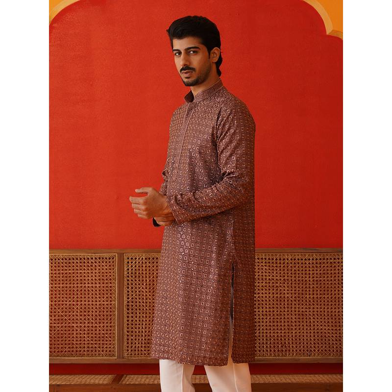 Jompers Men Embroidered Chikankari and Sequined Rust Kurta (S)