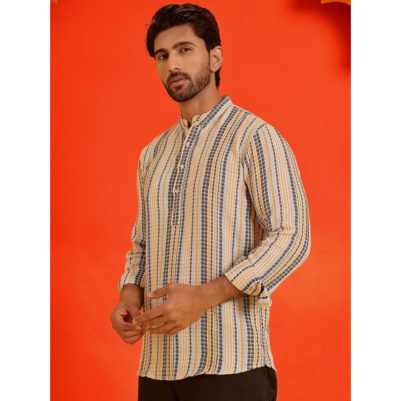 Jompers Men Striped Yellow Cotton Short Kurta (S)