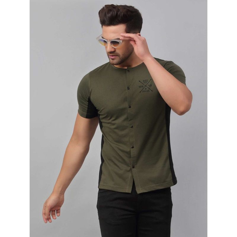 RIGO Men Olive Green Black Cut & Sew Half Sleeve Knitted Shirt (S)