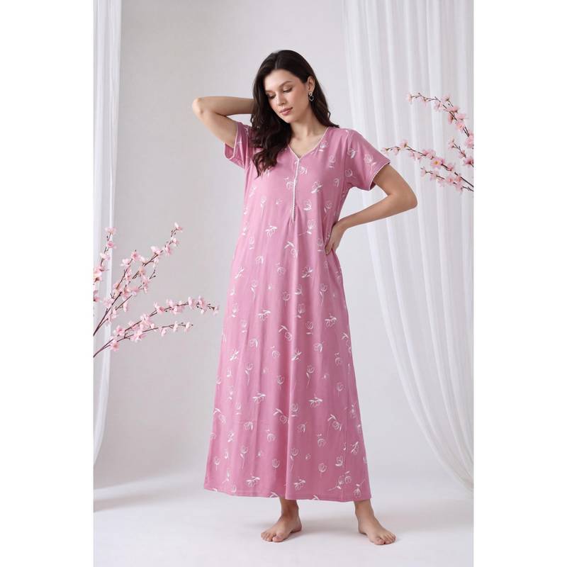 Juliana Dream Pink Women Cotton Printed Nightdress (M)