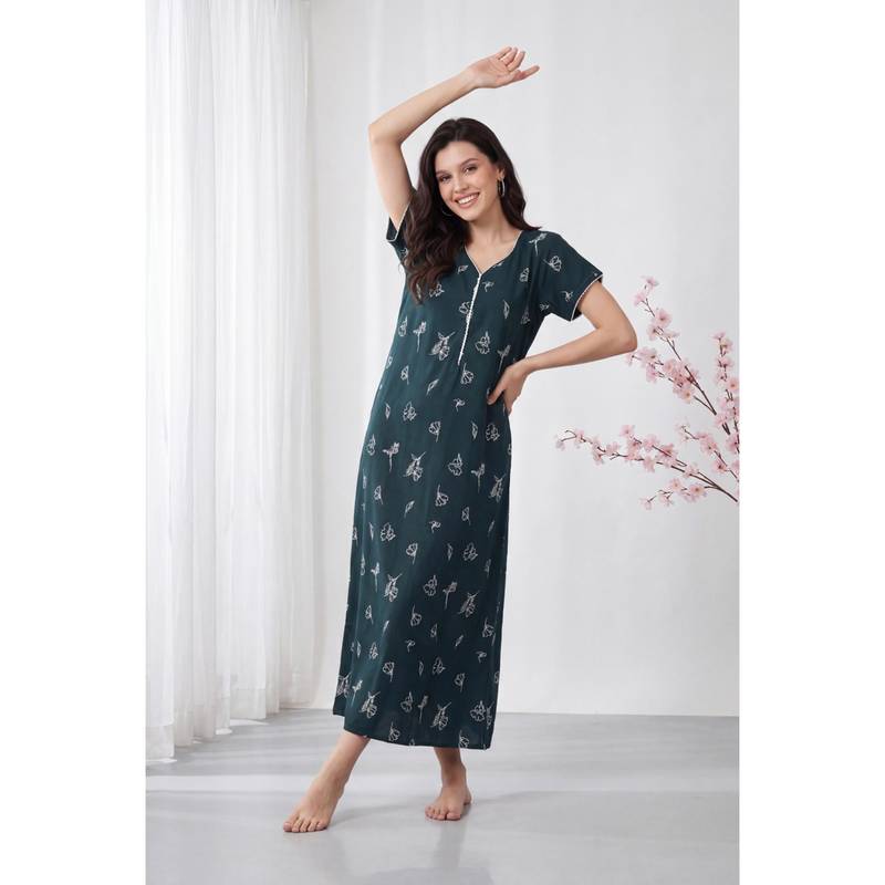 Juliana Dream Teal Women Cotton Printed Nightdress (M)
