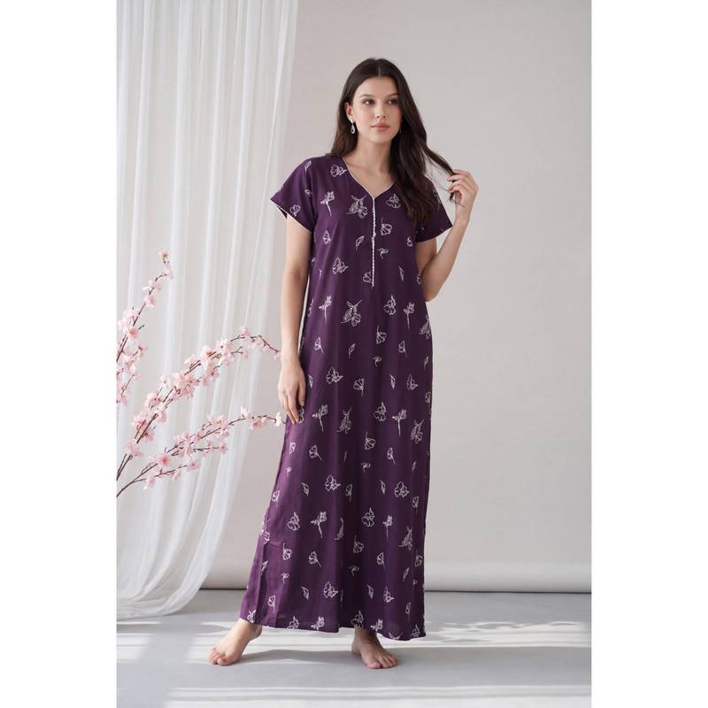 Juliana Dream Purple Women Cotton Printed Nightdress (M)