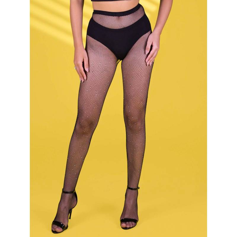 Keepfit Black Women Rhinestone Studded Sparkle Fishnet Stocking Black With Back Seam (XXS)