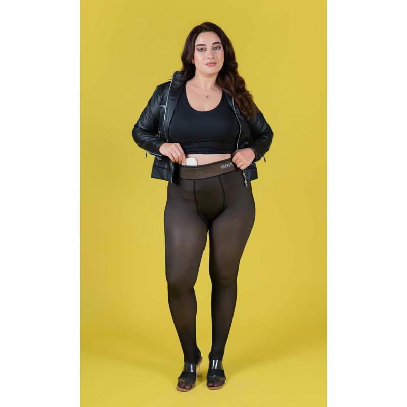 Keepfit Black Women High-Rise Dual Tone With Inner Pocket Thermal Fur Warm Stocking (2XL)