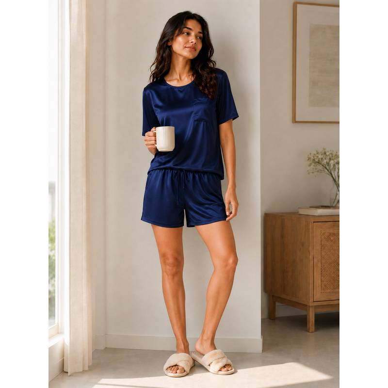 Slumber Jill Navy Blue Half Sleeve Short Set With Pocket (S)