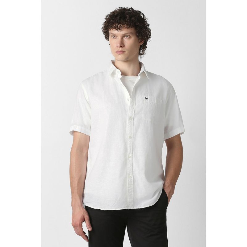 Van Heusen Men White Solid Half Sleeves Casual Linen Shirt (39)
