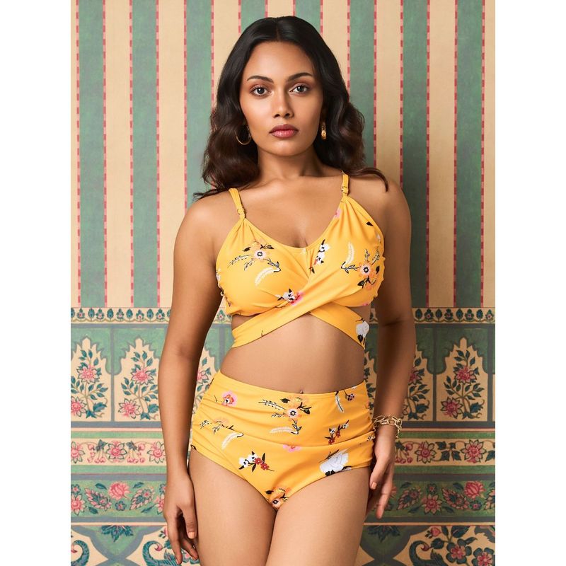 Addery Yellow Floral Bikini Top and Bottom (Set of 2) (M)