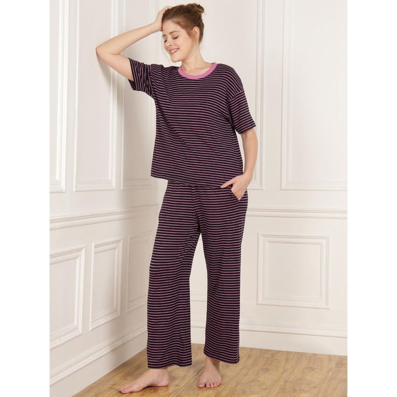 Dear Bed Comfort Clothing Black Relaxed Fit Striped Tshirt & Pyjama (Set of 2) (S)
