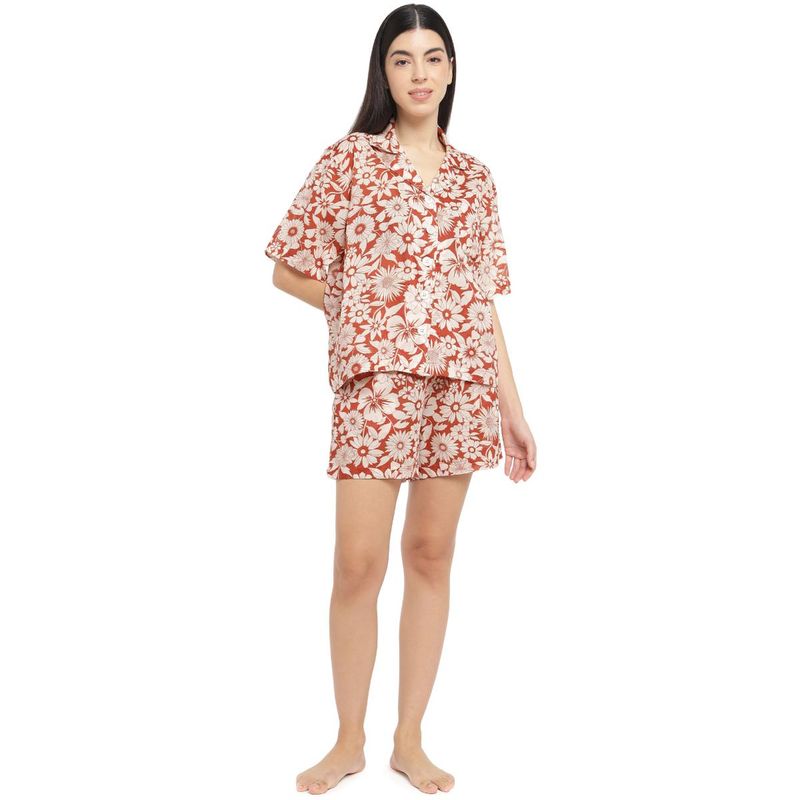Dear Bed Comfort Clothing Red Floral Pure Cotton Over Sized Shirt & Shorts for Women (L)