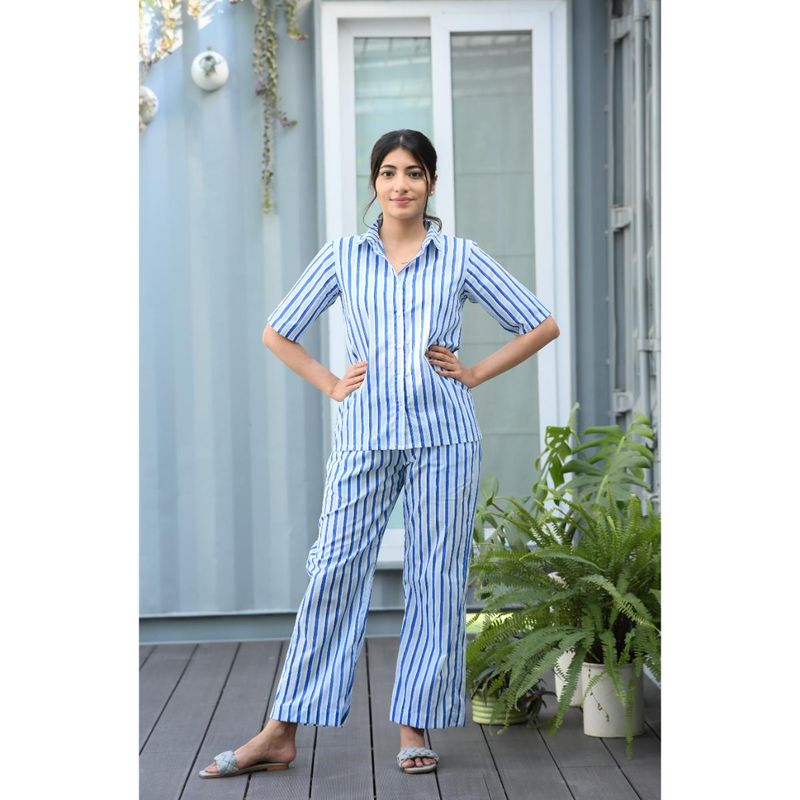 Dear Bed Comfort Clothing Blue Stripe Cotton Night Suit For Women (Set of 2) (XS)