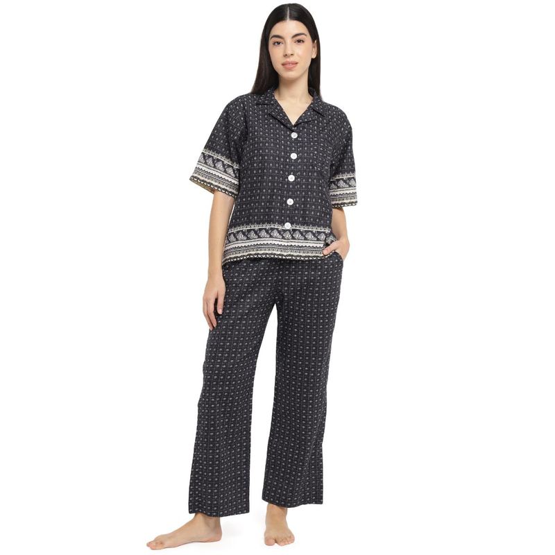 Dear Bed Comfort Clothing Blue Oversized Shirt & Pyjama Cotton Lounge Set (M)