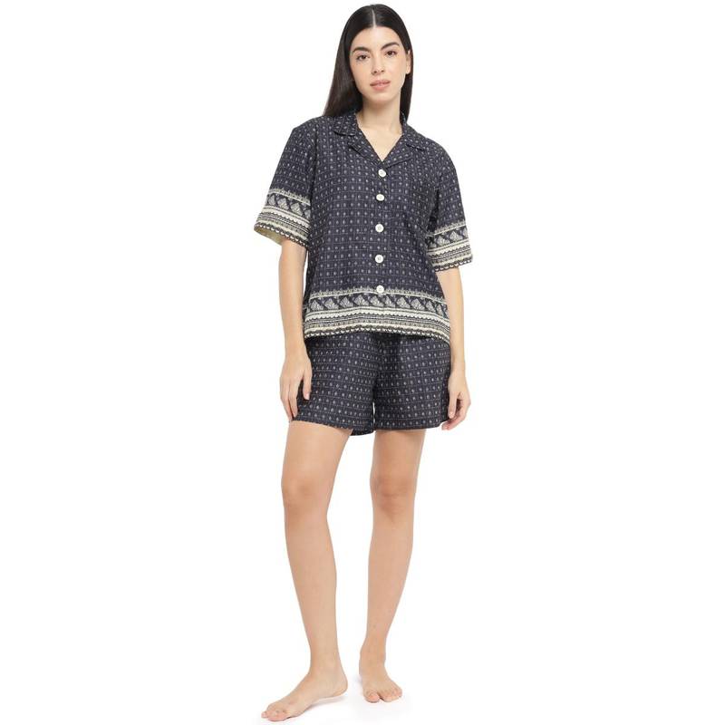 Dear Bed Comfort Clothing Blue Cotton Over Sized Shirt & Shorts Set for Women (S)