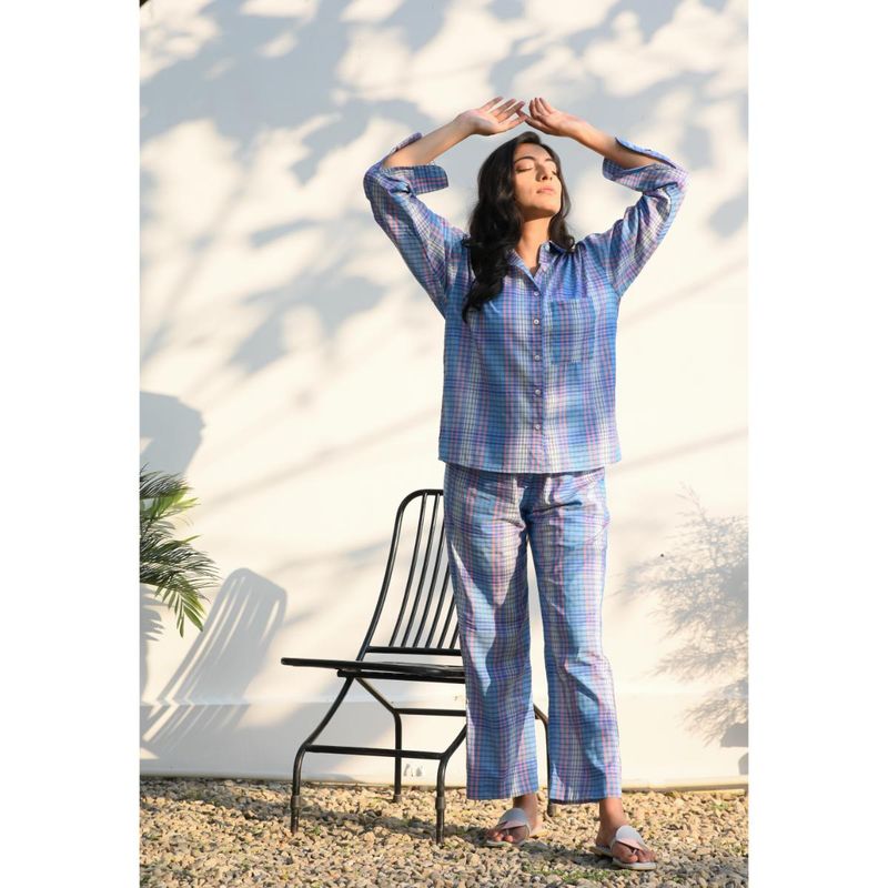 Dear Bed Comfort Clothing Blue Oversized Checks Shirts Pyjama Cotton NightSuit (XS)