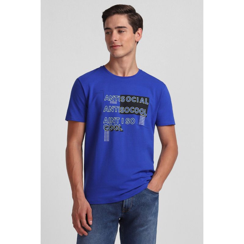 Allen Solly Men Blue Crew Neck Graphic T-Shirt (S)