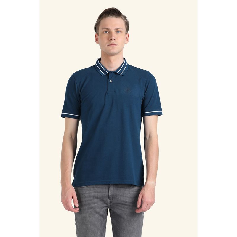 Peter England Men Blue Solid Polo Neck T-Shirt (L)
