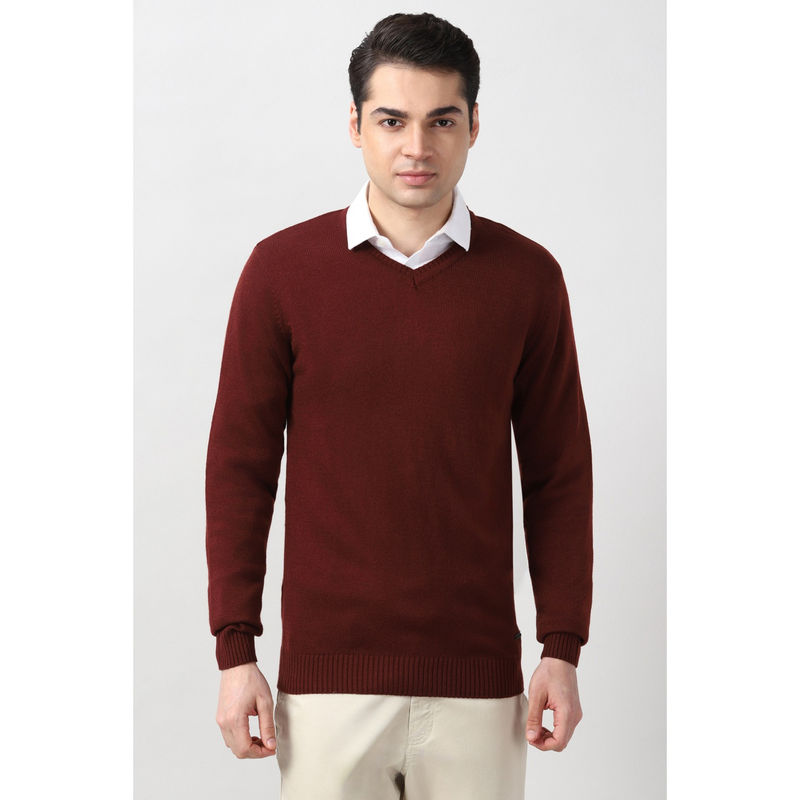 Peter England Men Maroon Solid V Neck Sweater (M)