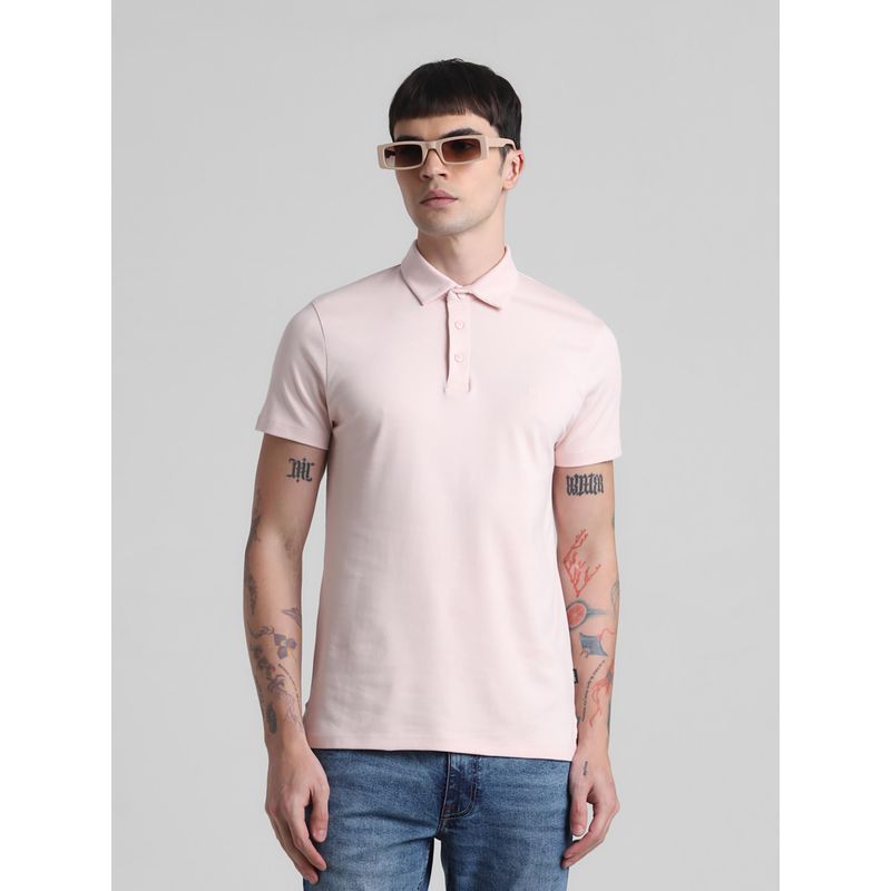 Jack & Jones Men Solid Cotton Slim Fit Pink Polo T-Shirt (XL)