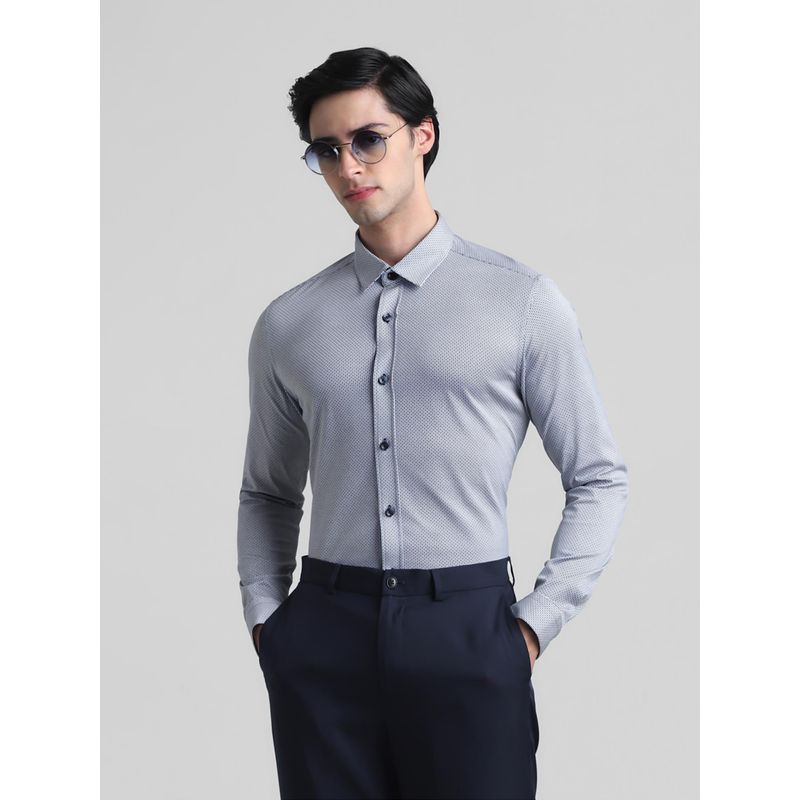 Jack & Jones Men Printed Cotton Slim Fit Blue Shirt (M)