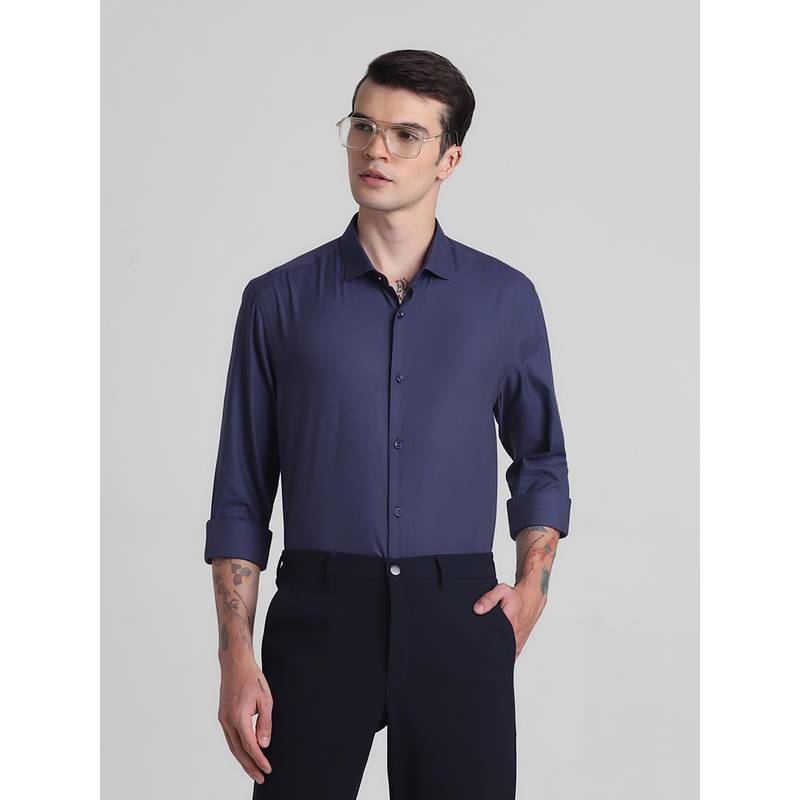 Jack & Jones Men Solid Cotton Blend Slim Fit Navy Blue Shirt (2XL)