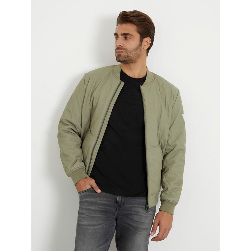 Guess Men Green Solid High Neck Full Sleeves Bomber Jacket (S)