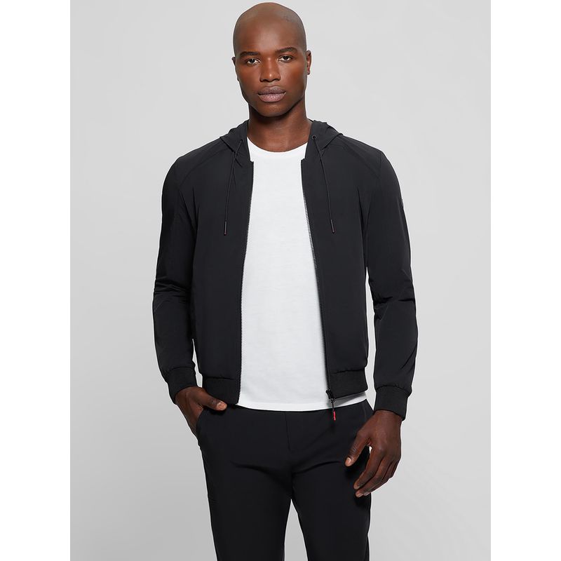 Guess Men Black Solid Hooded Full Sleeves Front-Open Sweatshirt (L)