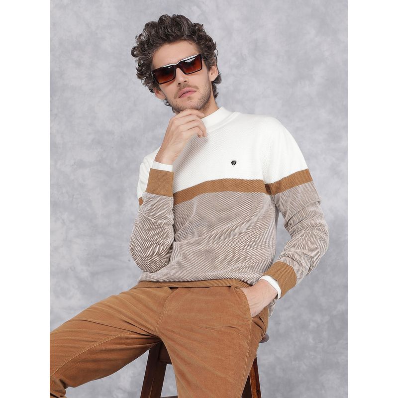CRIMSOUNE CLUB Men White Color Blocked Cotton Sweater (XL)