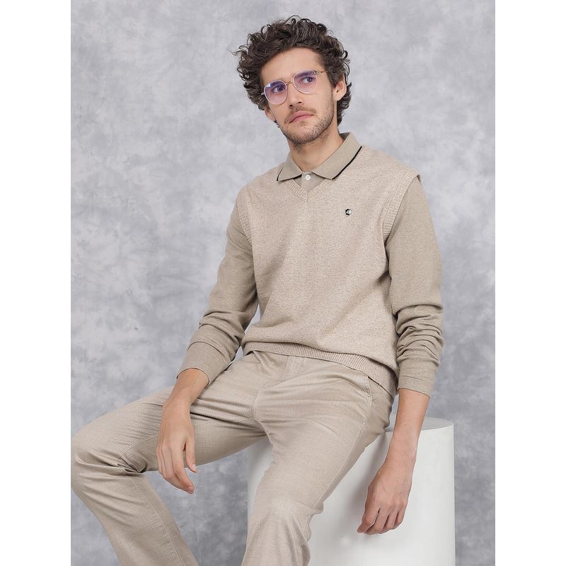 CRIMSOUNE CLUB Men Beige V-Neck Sleeveless Sweater (L)