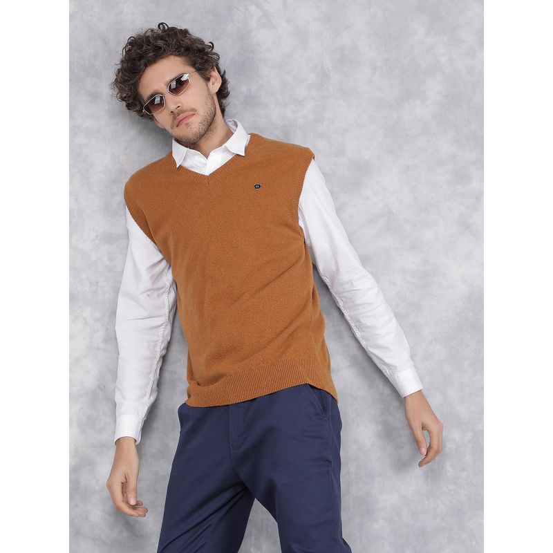 CRIMSOUNE CLUB Men Mustard V-Neck Sleeveless Sweater (S)