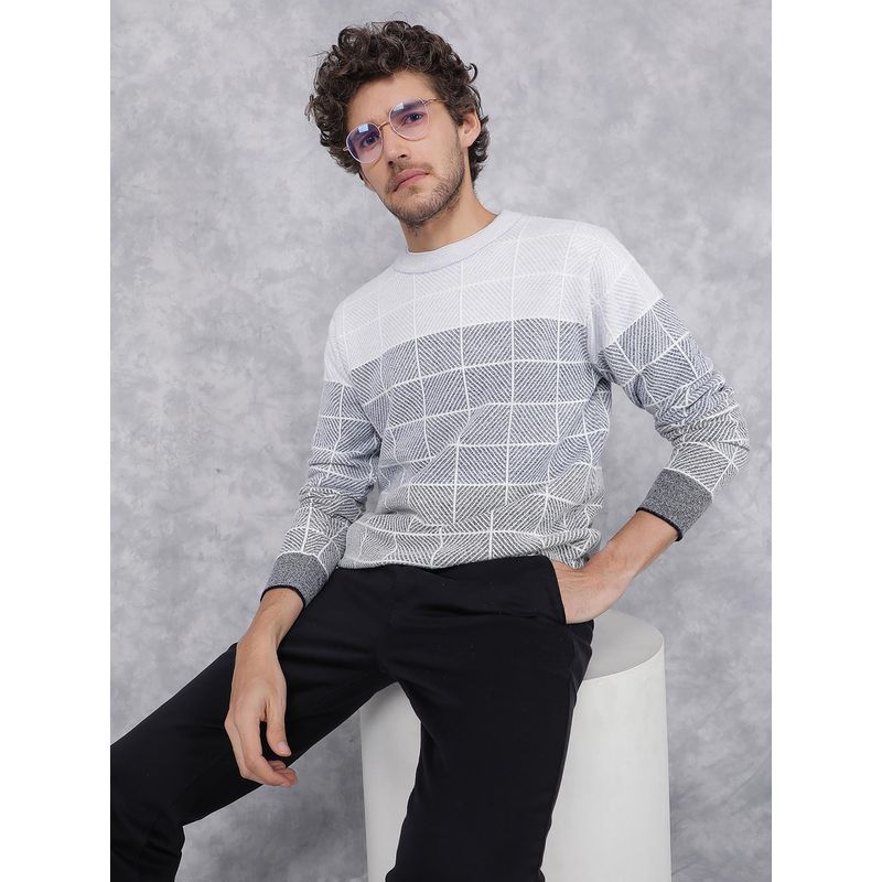 CRIMSOUNE CLUB Men Blue Checks Jacquard Sweater (M)