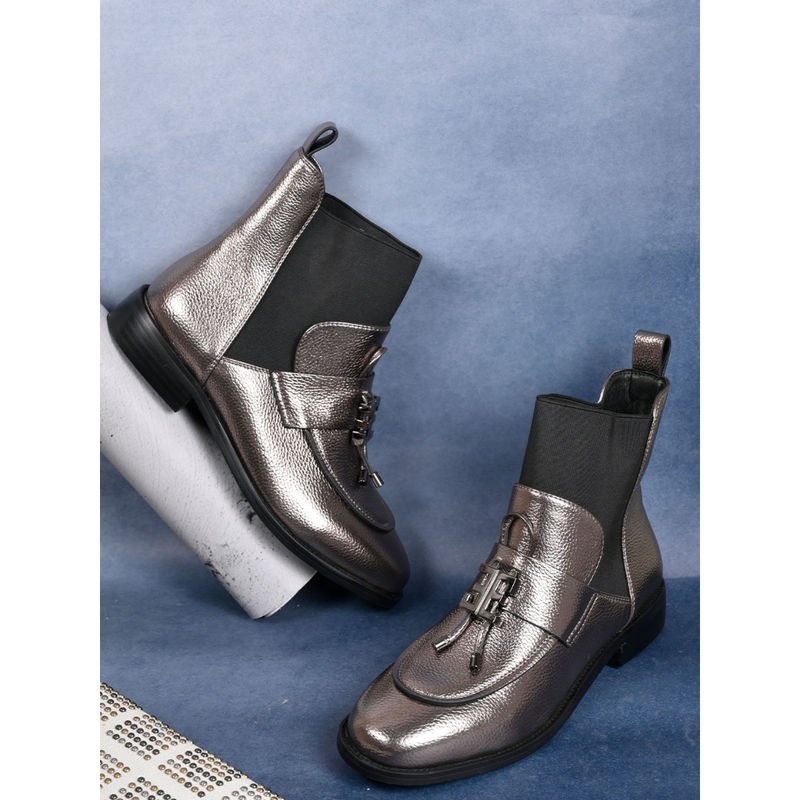 Ronnie Grey Women Metallic Textured Ankle Length Casual Boots (EURO 35)