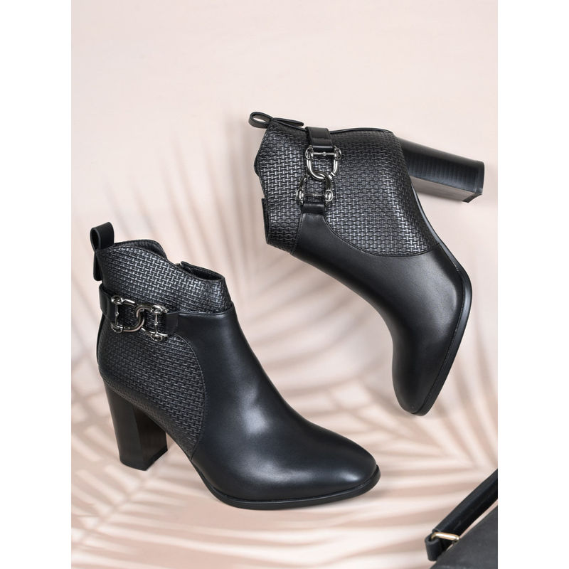 Ronnie Grey Women Black Basket Weave Textured Casual Boots (EURO 38)