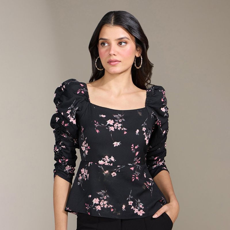 Twenty Dresses By Nykaa Fashion Black Ruched In Floral Peplum Top (M)