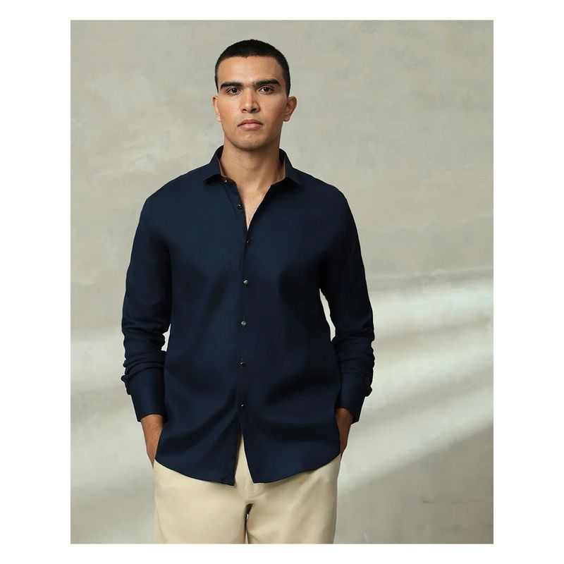 Albino Classic Navy Blue Plain Slim Fit Shirt (38)