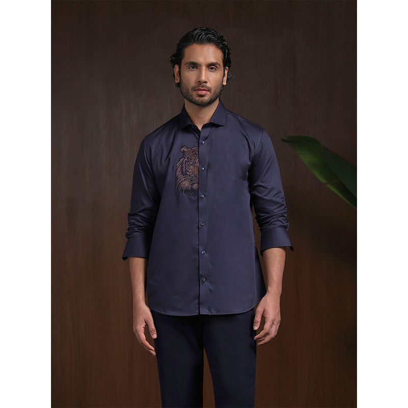 Albino Navy Blue Slim Fit Tiger Embroidered Shirt (38)