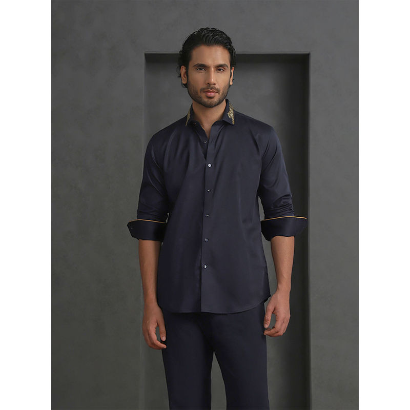 Albino Premium Navy Blue Slim Fit with Tiger Motif on Collar Tips Shirt (40)