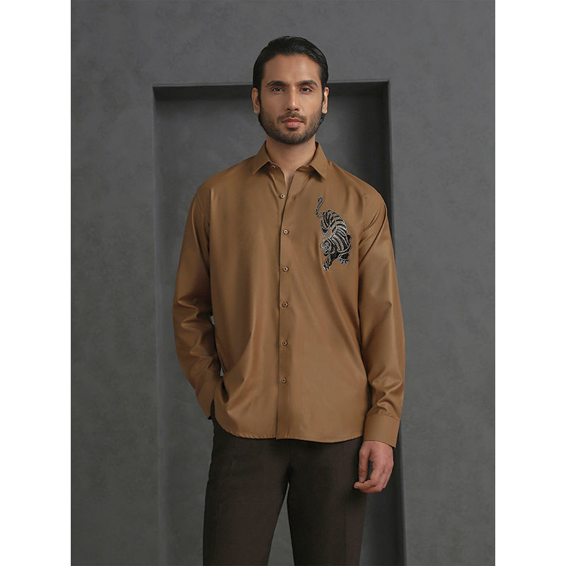 Albino Light Brown Slim Fit Tiger Embroidered Shirt (38)