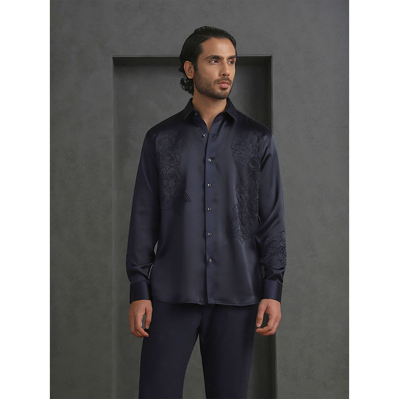 Albino Navy Blue Slim Fit Tonal Floral Embroidered Shirt (38)