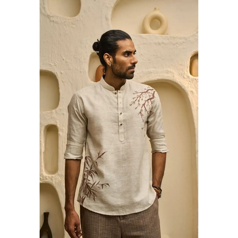 Albino Stylish Beige Short Linen Kurti with Botanical Hand-Painted Shirt (36)