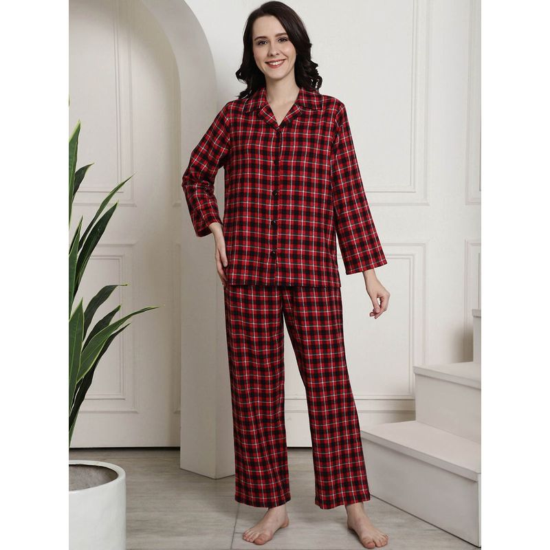 Secret Wish Maroon Checked Cotton Flannel Night Suit (Set of 2) (XL)