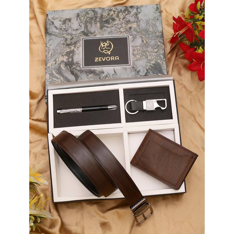 Zevora Buy ZEVORA Men Reversible Brown Belt with Wallet, Pen & Keychain Online